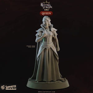 A statue of a woman wearing a long, flowing dress and a crown, standing in a dramatic pose with her mouth open.