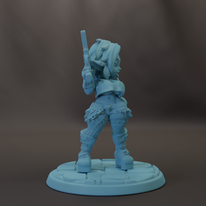 A 3D model of a female character holding a gun, standing on a base.