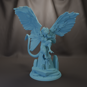 A blue, winged statue of a winged creature with a human-like body and a tail, standing on a pedestal.
