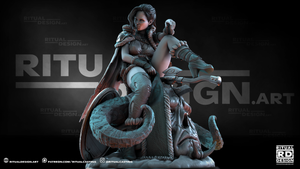 A 3D rendering of a female character with a dragon-like creature on her back, wearing a cape and armor. The background is dark and has the text "RITU" and "RITU.ART" repeated multiple times.
