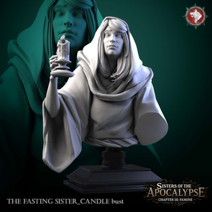 The image is a bust of a woman holding a candle, with the text "The Fasting Sister, Candle bust" and "Sisters of the Apocalypse, Chapter III, Famine" below it.