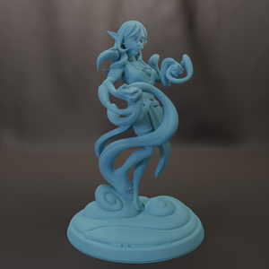 A 3D model of a female character with long hair and a flowing skirt, standing on a base and holding a staff.