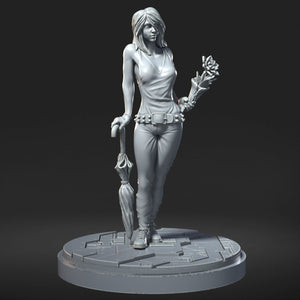 A 3D rendering of a female character standing on a platform, holding an umbrella and a flower.
