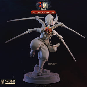 The image is a 3D model of a character with multiple arms and a large head, holding multiple swords. The character appears to be a warrior or warrior-like figure, with a distinctive design and multiple weapons.