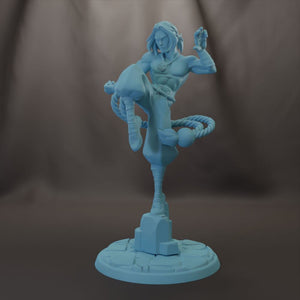 A 3D model of a muscular, blue-colored figure with long hair, standing on a pedestal and holding a rope.