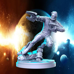 a statue of a man holding a gun in front of a planet