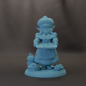 A light blue figurine of a woman holding a tray, standing on a base with various objects around her.