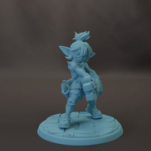 A light blue figurine of a character with a pointed hat and sword, standing on a stone base.