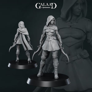 A 3D rendering of a female character with a hooded cloak, holding a sword and shield, standing on a platform.