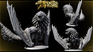 The image is a collage of three detailed 3D models of a fantastical creature, likely a mythical or magical being, with intricate textures and patterns. The creature appears to be a winged, armored being with sharp teeth and claws, and is positioned in various poses. The collage is titled " monster Madness" and is part of the " monster Madness" series.