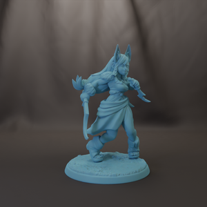 A figurine of a female character with long hair and a flowing skirt, holding a weapon and standing on a base.