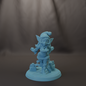 A light blue figurine of a person wearing a hat and holding a small object, standing on a base with other objects around it.