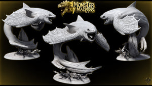 three detailed sculptures of a large, winged creature resembling a mythical or fantastical sea monster. The sculptures are positioned in a way that showcases the creature's unique features and design.