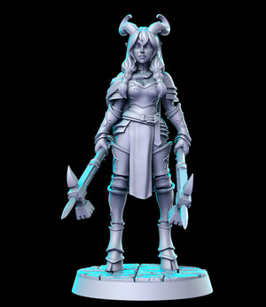A 3D rendering of a female character with horns, wearing a long skirt and holding a sword and shield.