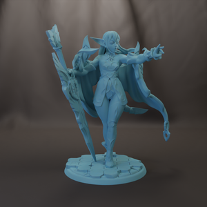A 3D model of a female character with wings, holding a staff and a shield, standing on a platform.