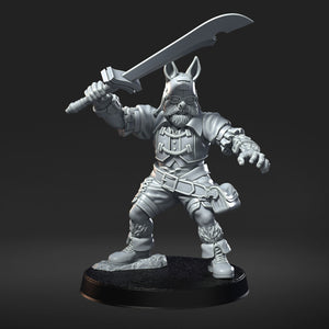 A 3D model of a character holding a sword and wearing a helmet, standing on a base.