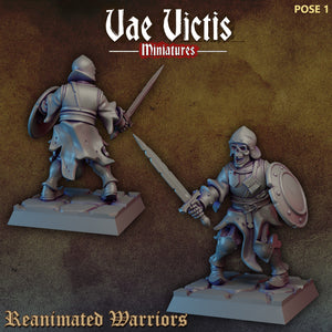 two figurines of medieval knights, each holding a sword and shield, set against a dark background.