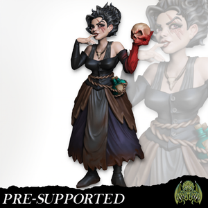 A character wearing a long dress and holding a skull, with a serious expression on her face.