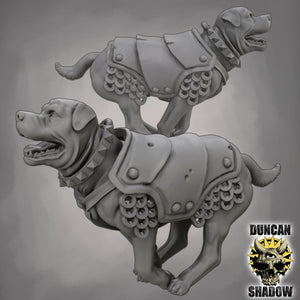 A 3D rendering of a dog wearing a suit of armor, with the suit decorated with circular patterns.