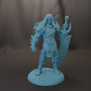 A 3D model of a warrior figure holding a sword and shield, standing on a platform.