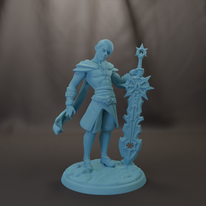 A figurine of a warrior standing in a fighting stance, holding a sword and shield.