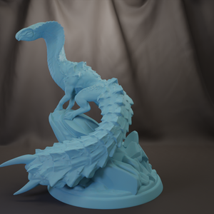 A blue, 3D-rendered sculpture of a fantastical creature with a long, coiled body and sharp, pointed features.