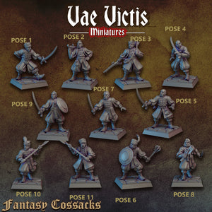 The image is a collage of nine figurines of fantasy characters, each with unique poses and weapons, arranged in a grid-like pattern.