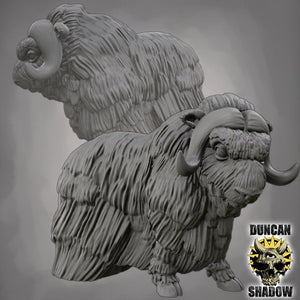 A 3D rendering of a furry, horned animal resembling a yak or a similar creature, with a textured, furry appearance.