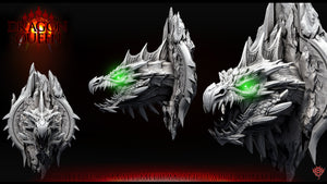 a dragon head with glowing green eyes