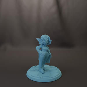 A light blue figurine of a person standing on a stone base against a dark background.