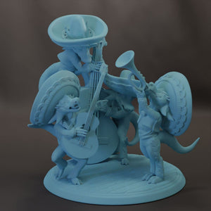 A figurine depicting a group of fantastical creatures playing musical instruments, including a guitar, trumpet, and drums.