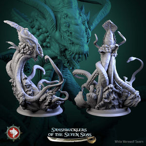 two detailed sculptures of fantastical creatures, likely inspired by the Seven Seas, set against a dark green background.