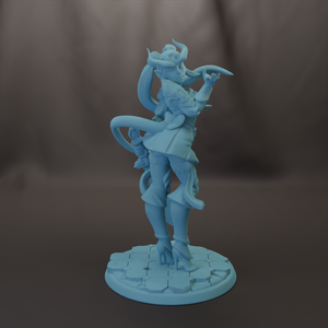A blue figurine of a fantastical creature with horns and a flowing tail, standing on a platform with a cracked base.