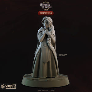 A 3D model of a female character, likely a princess, standing in a pose with her hands clasped together. The character is wearing a long dress and has a serious expression on her face.
