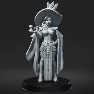A detailed 3D rendering of a female character wearing a large hat and ornate clothing, holding a cup in her hand.
