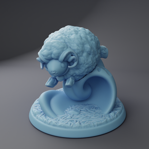 a blue figurine of a sheep with its mouth open