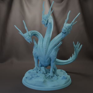 A 3D model of a blue dragon-like creature with multiple heads and sharp teeth, standing on a rocky base.