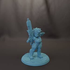 A 3D model of a female character holding a gun, standing on a platform.
