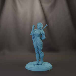 A figurine of a person standing on a pedestal, wearing a helmet and holding a weapon.