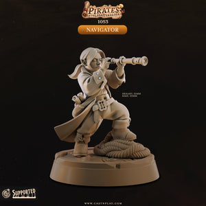 a figurine of a pirate character, specifically a navigator, holding a telescope and standing on a ship's deck.