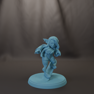 A small figurine of a person with long hair and wings, standing on a blue base against a dark background.