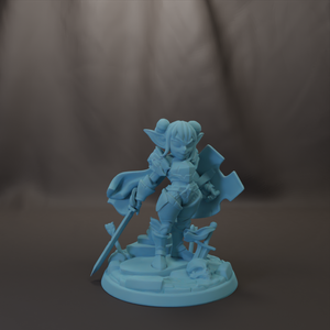 A figurine of a female character with horns, wearing a cape and holding a shield, standing on a base with a skull and crossbones.