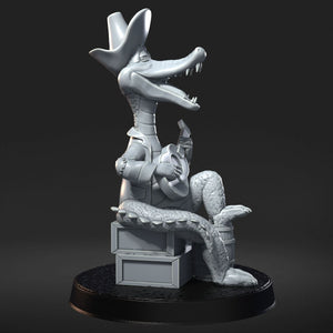A 3D rendering of a cartoon-like creature, possibly a crocodile or alligator, sitting on a platform and holding a musical instrument.