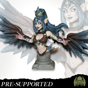 A figurine of a winged female character with blue hair and a crown, wearing a brown outfit and holding a weapon.