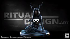 A 3D rendering of a female figure with horns, sitting on a pedestal and holding a weapon, against a dark background with the word "RITUAL" prominently displayed.