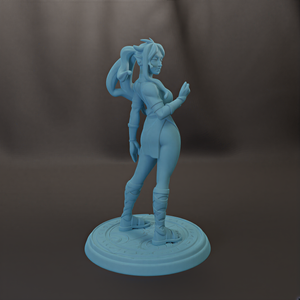 A light blue 3D model of a female character with a unique hairstyle and attire, standing on a circular base.