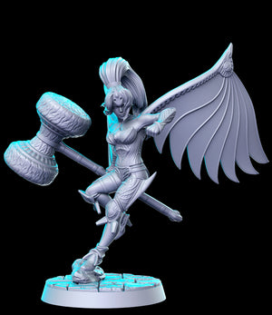 A 3D model of a female warrior figure wielding a large hammer and sword, with a wing-like weapon attached to her back.