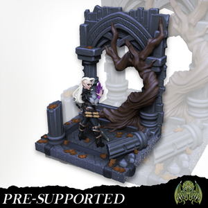 A figurine of a person holding a sword stands in front of a dark, ornate structure with a tree-like appearance.