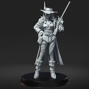 A 3D rendering of a female character in a historical costume, holding a gun and standing on a platform.