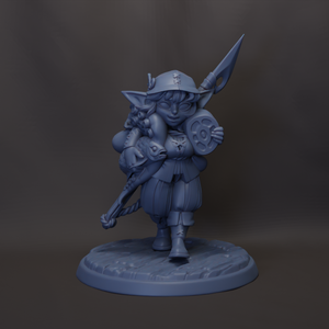 A 3D model of a character with a pointed hat, holding a shield and a spear, standing on a platform.
